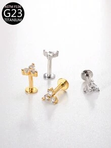 3Pcs G23 Titanium CZ Flower Cross T-Bar Internal Thread Studs Ear Lip Cartilage Women Body Jewelry For Daily Wear - 3 Earrings - View 2