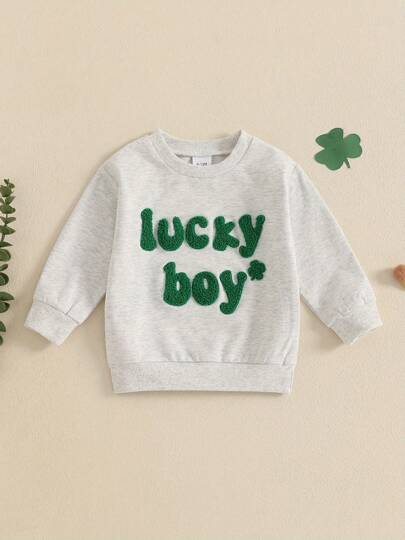 Sudadera irlandesa para niño pequeño con letras de primavera y trébol bordado, manga larga, cuello redondo, informal