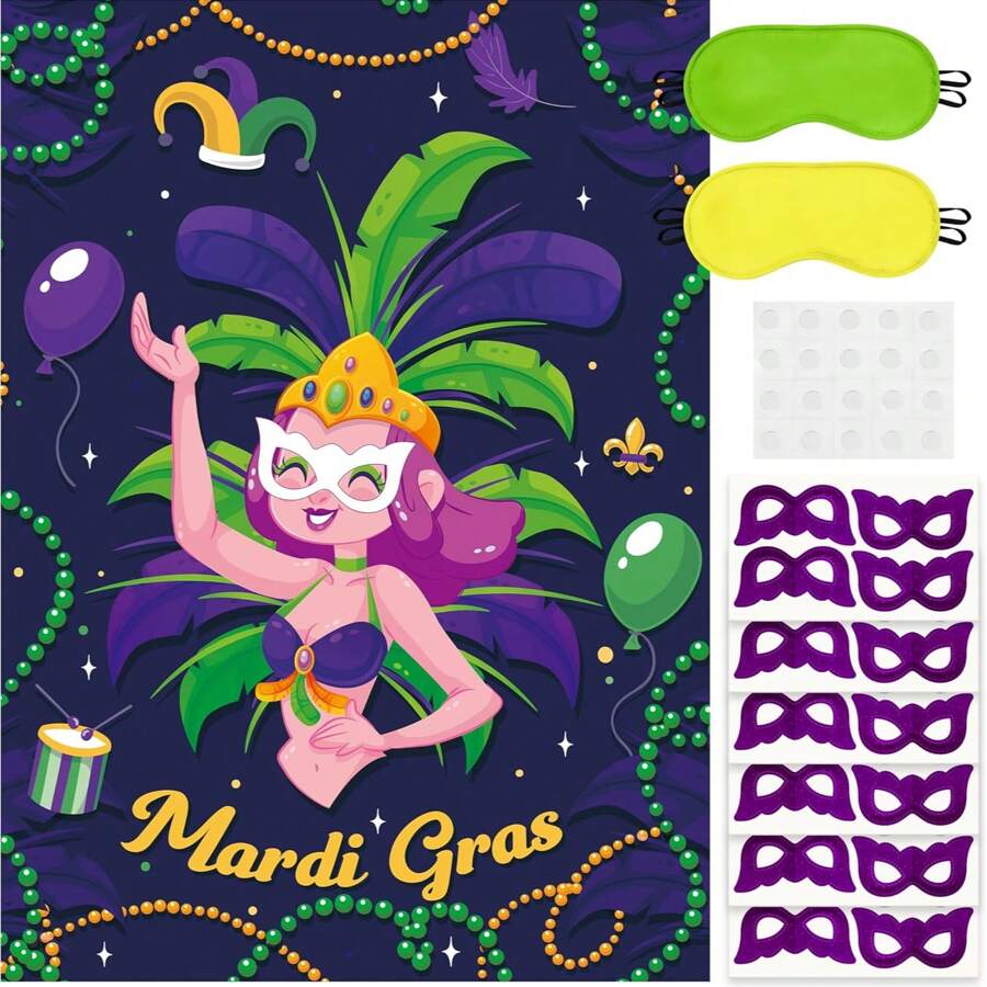 Mardi Gras Pin The Mask On The Dancer Party Game Large Poster With 24 Pcs Stickers Blindfolds Fun Masquerade Activity For Fat Tuesday New Orleans Carnival Birthday Party Decorations Wall Decor - Multicolor - View 1