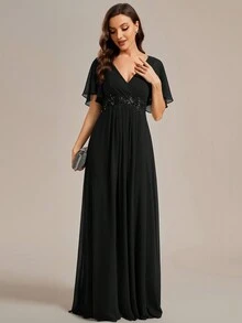 EVERPRETTY Elegant Spring V-Neck Embroidered Ruffle Sleeve Pleated Chiffon Black Bridesmaid Dress, Wedding Guest Semi-Formal Dress - Black - View 5
