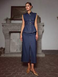 Sollinarry Women's Summer New Sleeveless Button Front Crop Top And Skirt Suit Set, Fashionable Commuter Outfit, Office Outfits For Women, Denim Effect Style