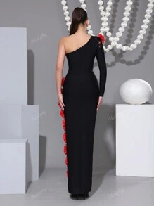 Modphy Nieuwe Sexy Een Schouder Lange Mouw Rugloze Zwaar Versierde Bloemen Diamant Bodycon Lange Jurk, Formele Avondjurk Voor Bruiloftsgasten, Vakantie, Verjaardagsfeestje, Mode Dames Evenement