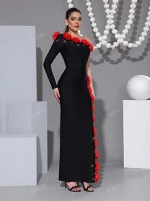 Modphy Nieuwe Sexy Een Schouder Lange Mouw Rugloze Zwaar Versierde Bloemen Diamant Bodycon Lange Jurk, Formele Avondjurk Voor Bruiloftsgasten, Vakantie, Verjaardagsfeestje, Mode Dames Evenement
