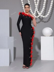 Modphy Nieuwe Sexy Een Schouder Lange Mouw Rugloze Zwaar Versierde Bloemen Diamant Bodycon Lange Jurk, Formele Avondjurk Voor Bruiloftsgasten, Vakantie, Verjaardagsfeestje, Mode Dames Evenement