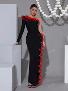 Modphy Nieuwe Sexy Een Schouder Lange Mouw Rugloze Zwaar Versierde Bloemen Diamant Bodycon Lange Jurk, Formele Avondjurk Voor Bruiloftsgasten, Vakantie, Verjaardagsfeestje, Mode Dames Evenement