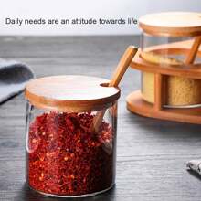 1 Set, Multifunctional Glass Seasoning Jar Set With Wooden Lid, With Triangular Wooden Tray - Glass Seasoning Bottle, Glass Seasoning Storage Bottle, Storage Jar, Perfect For Seasoning Storage And Kitchen Organization - Trong sáng - Xem 2