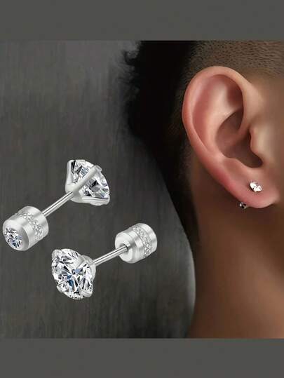 1 par Brincos de Prego de Costas Planas de Zircônia Cúbica, Brincos Modernos de Aço Inoxidável para Homens e Mulheres, Cor Prata, Joias da Moda