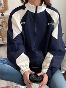 Chamarra Mujer Impermeable Para Lluvia Chaqueta Rompevientos,Los de otoño e invierno de bloqueo de color frontal,Chaqueta Sport Ligera - Azul Marino - Ver 4