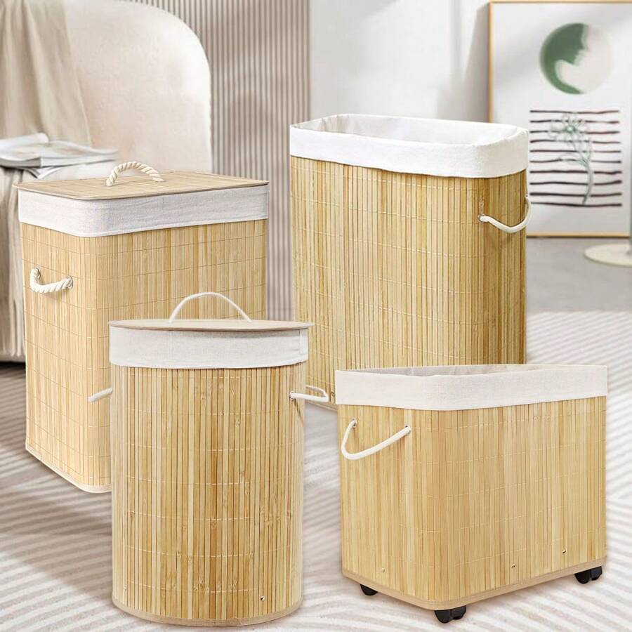 竹制洗衣篮，大容量可折叠移动洗衣篮，带手柄和轮子，矩形/圆形储物篮，节省卧室、浴室、洗衣房、家用洗衣篮的空间，洗衣篮浴室收纳篮，篮子，储物篮，可折叠洗衣篮