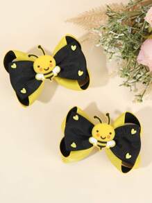 2 件装女孩黄色蝴蝶结发夹，儿童布艺蜜蜂发饰，幼儿优雅发饰派对礼物