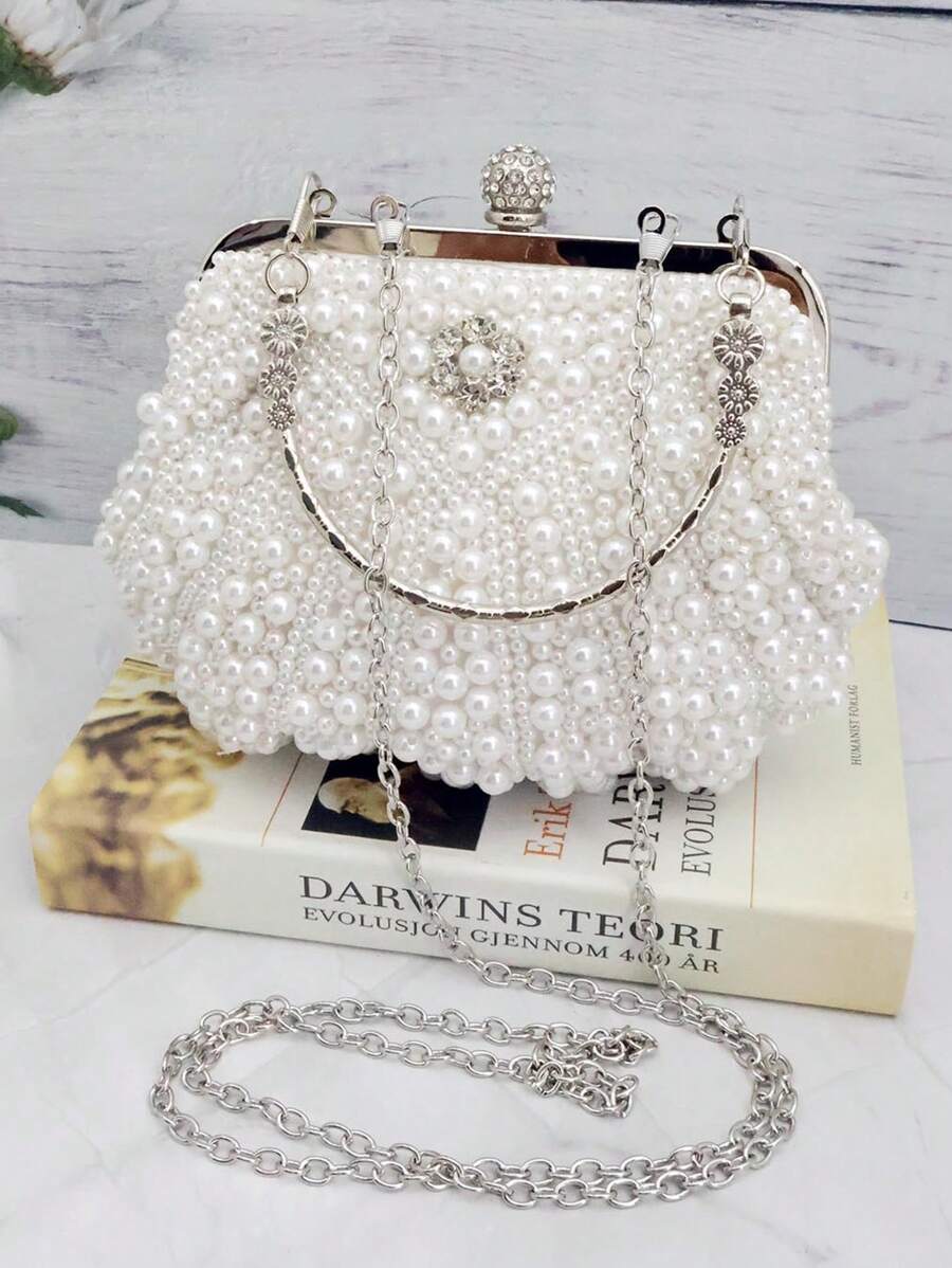 White Color Women Pearl Clutch Bag, Beaded Evening Bag, Wedding Clutch With Handle Suitable For Parties, Weddings, Formal Events, Prom Dresses, Bridesmaids Dresses, Perfect For Party Wedding Prom Dinner/Banquet, Matching With Holiday Party Dress Evening Dress & Sequin Dress Banquet Bag Bridal Wallet Party Pearl Handbag, It Is An Ideal Gift For Women, Elegant Pearl Bag, Prom Bag For Party - White - View 1