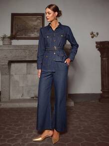 Sollinarry 2pcs Women's Spring New Denim-Like Button Front Belted Long Sleeve Jacket And Long Pants Set - Navy Blue - View 1