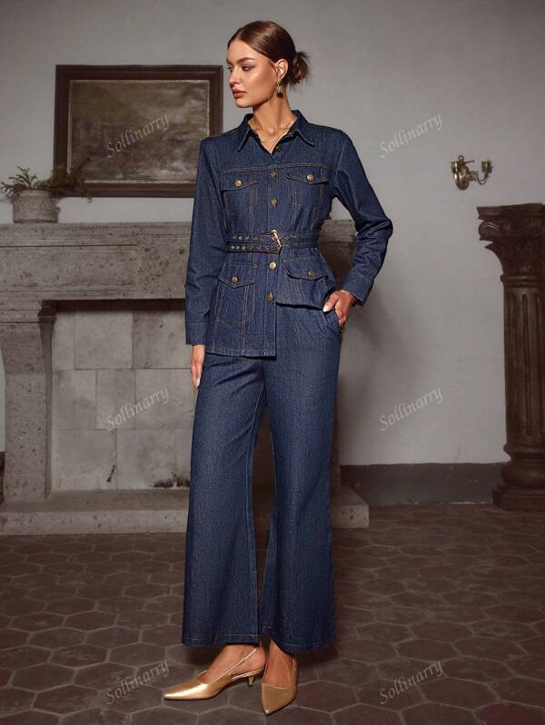 Set de 2 piezas para mujer: Chaqueta de jean con botones y cinturón, y pantalones, nuevo lanzamiento de primavera