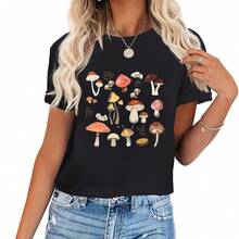 Camiseta estética de hongos para mujer, linda camiseta gráfica Cottagecore, camisetas para amantes de la naturaleza, camisetas casuales de manga corta, 220 g de algodón puro, cuello redondo informal, perfecta para días frescos, ir de compras o pasar el rato. - Negro - Ver 1