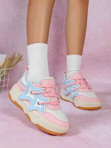 White&Pink Dopamine Print Casual Outdoor Skateboard Shoes, Gift Idea, Personalized Round Lace-Up Bread Shoes For Ladies, Low-Top Shock Absorbing, Suitable For Daily Wear, Vacation, All Seasons