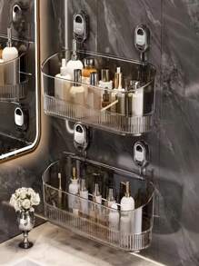 1pc Luxury Stainless Steel Wall-Mounted Suction Cup Storage Rack - No-Drill Hanging Organizer Bin, Suitable For Shower Essentials, Cosmetics And Toiletries - Plastic Shelf For Bathroom Use, No Electricity Required