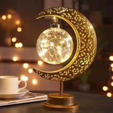 Vintage Moon Star Table Lamp, Metal Frame Desk Lamp Battery Powered Mosaic Crescent Bohemian Handmade Bedside Light For Christmas, Halloween, Living Room, Bedroom, Decorations