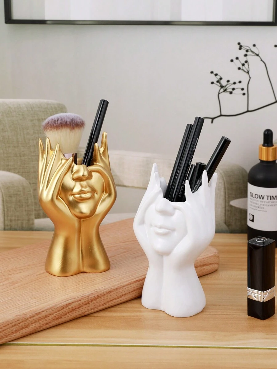 1 pieza Soporte para pinceles de maquillaje de resina dorada, estuche para exhibición de cosméticos, bandeja organizadora para arte de uñas, maquillaje, bolígrafos, lápiz labial, decoración de escritorio