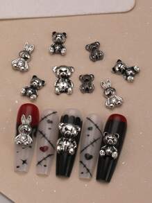 10 件复古熊指甲饰金属兔子指甲用品个性化美甲 3D 仿古银指甲宝石适合 DIY 美甲沙龙和个人使用指甲 - 彩色 - 查看 4