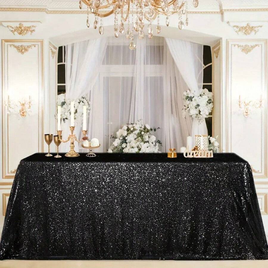eluckya Glitter Tablecloth, 60x102 Inches, Rectangular/Round Sequined Tablecloth, Suitable For Wedding Supplies, Party Decorations, New Year's, Birthday Decorations,  Kitchen Essentials, Table Decorations, Home Décor, Holiday Decorations, Graduation And Bridal Gifts,Bachelor/Bachelorette Parties, Picnics, Bachelorette Parties, Wedding Decor, Valentine's Day, Wedding Items, Bedroom Decor, Party Supplies, Easter. - 黑色 - 查看 1