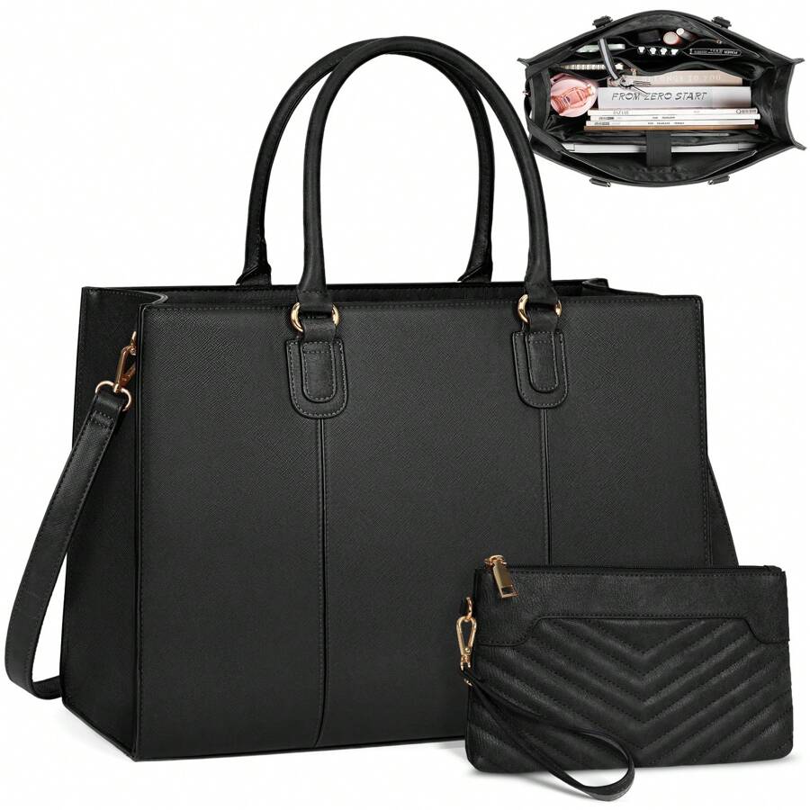 NEWHEY Laptop Bags For Women 15.6 Inch Work Tote Bags Womens Laptop Purse Waterproof PU Leather Laptop Briefcase For Office Computer Bag Women Travel Handbag Shoulder Bag - 黑色 - 查看 1