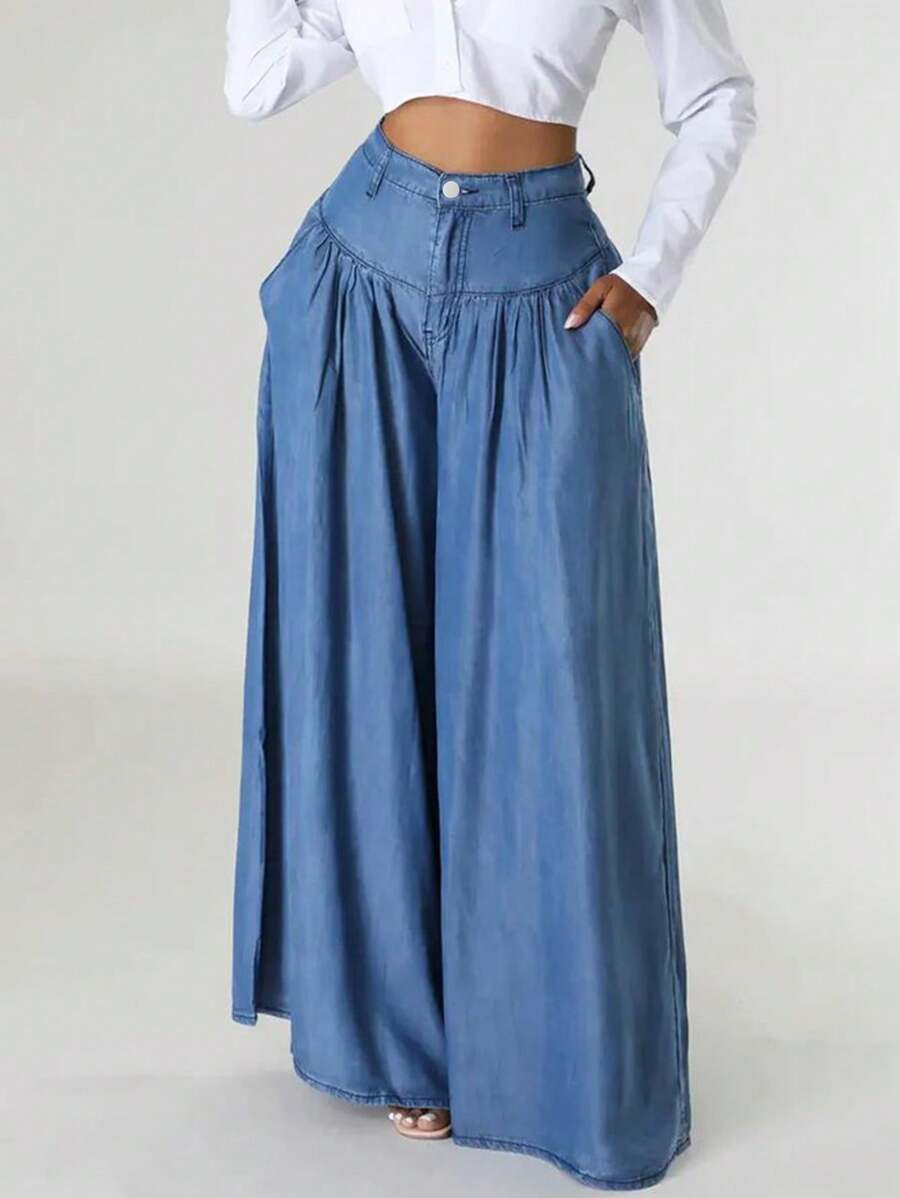 Women's Hight Waist Denim Wide Leg Pants - European & American Street Fashion Loose Button Trousers For Summer Clothes - 中等水洗藍 - 查看 1