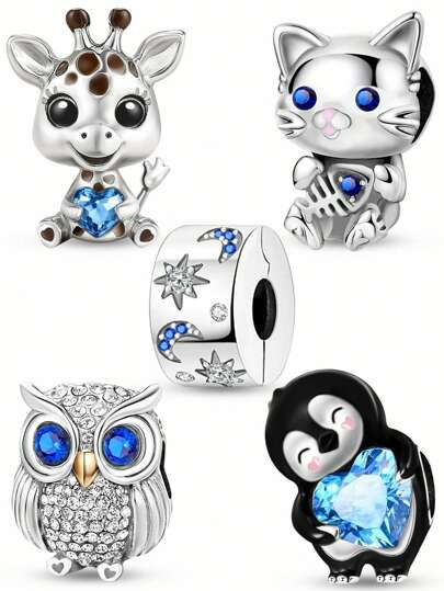 1 PC Silver Plated Blue Ocean Turtle Moon Cross Maria Prayer Owl Penguin Giraffe Pendant Charm Pendant Ball Suitable For Bracelets DIY Women's Jewelry