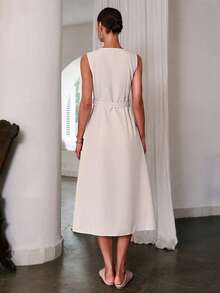 Sollinarry Women's Autumn New Simple Solid Color Sleeveless Waist Cinched Long Dress, Vintage Style, Suitable For Office Wear, Teacher Attire - Apricot - View 3