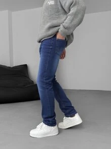 leev Men's Elastic Washed Denim Jeans, Versatile Long Pants - Blue - View 3