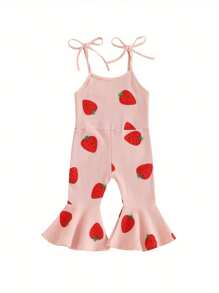 Toddler Baby Girl Strawberry Flare Jumpsuit Bell Bottom Romper Summer Outfit Kid Girls Spaghetti Straps One-Piece - Pink - View 1