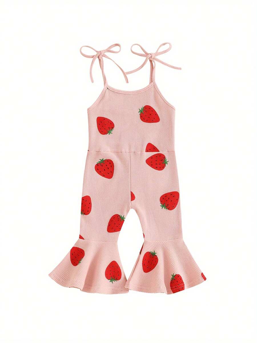Toddler Baby Girl Strawberry Flare Jumpsuit Bell Bottom Romper Summer Outfit Kid Girls Spaghetti Straps One-Piece - Pink - View 1