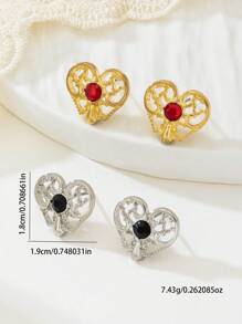 1 Pair Fashionable Hollow Heart Shaped Ruby Inlaid Metal Earrings For Women, Suitable For Daily Wear - Golden Yellow + Ruby - View 2