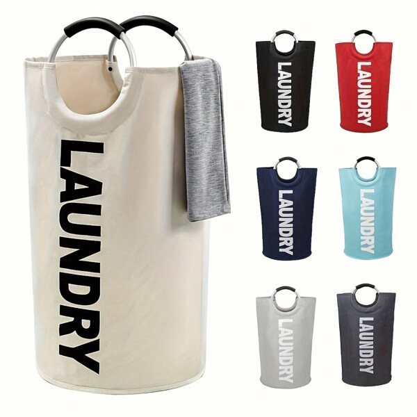 1pc Large Size Waterproof Laundry Basket, Foldable Soft Handle, Multifunctional Storage, Suitable For Bathroom, Laundry Room, Balcony And Dorm, 90L Capacity, Black Fabric Oval Shaped Organizer