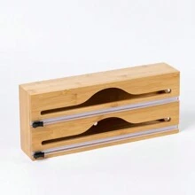 2 Fächer Küchenfolie Spender mit Alufolie Schneidebox, Bambus Frischhalte-Tüten Schneidhalter, Mehrzweck Frischhalte-Tüten Organizer Küchenhelfer