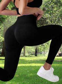 Summer Workout Seamless High Waisted Women's Hip Lifting Outdoor Fitness Leggings, Sports Yoga Leggings, High Elasticity Solid Color