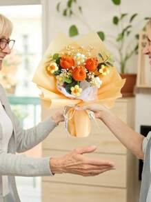 Crochet Flower Tulip Bouquet, Completed Handmade Artificial Flower Knitted Sunflower Bouquet For Festival Wedding Graduation Anniversary Mother's Day Valentine's Day Anniversary Gifts, Valentines Decorations, Wedding Decorations, Photobooth Props - 橘色 - 查看 1