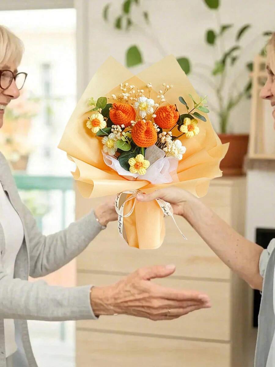 Crochet Flower Tulip Bouquet, Completed Handmade Artificial Flower Knitted Sunflower Bouquet For Festival Wedding Graduation Anniversary Mother's Day Valentine's Day Anniversary Gifts, Valentines Decorations, Wedding Decorations, Photobooth Props - 橘色 - 查看 1