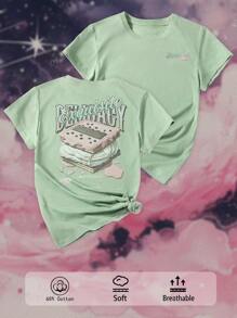 DEBY-Dames T-shirt Casual Ronde Hals Korte Mouw Drop Schouder Basic Fit Versie Bevat Katoen Textuur Delicate Voel Zacht En Comfortabel Ademend Veelzijdig, Gemakkelijk Te Combineren En Duurzaam Voor Meerdere Gelegenheden, Eenvoudig Geavanceerd Creatief Casual Kunst Letter Fruit Voedsel Patroon Dubbelzijdig Bedrukt Top