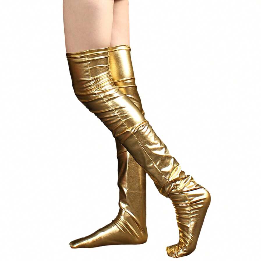 Women Thigh High Socks, Elastic Soft Bright Patent Leather Stay-Up Stockings Socks For Club Party - 金色 - 查看 1
