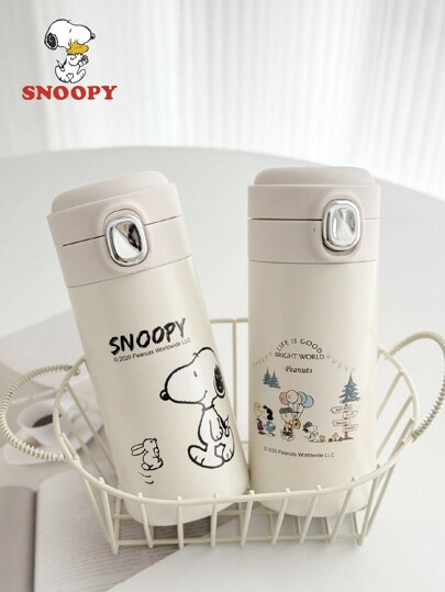 SNOOPY 1pc Cute  Design Flip Lid Vacuum Insulated Stainless Steel Water Bottle, Simple Style Travel Tumbler