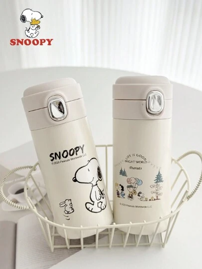 SNOOPY 1 件可爱设计翻盖真空隔热不锈钢水瓶，简约风格旅行杯
