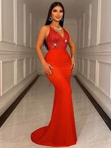 CHOSMO 新款夏季亮片露背吊带红色婚纱，优雅奢华舞会礼服高腰修身长裙，Rojo - 紅色 - 查看 6