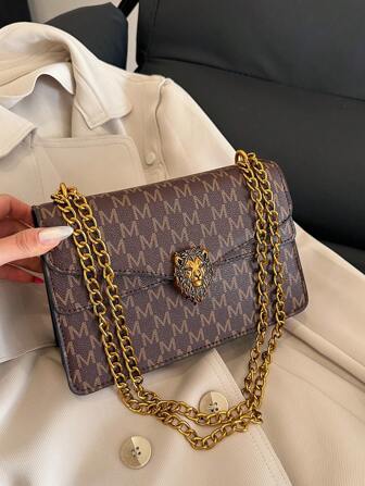 New Fashion Women's Letter M Monogram Print Versatile PU Small Square Bag, Retro French Style Shoulder/Crossbody Bag