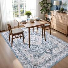 6x9 Washable Rugs For Living Room, Faux Wool Vintage Rug For Bedroom Dining Room, Low Pile Soft Boho Floor Covering Carpet Retro Distressed Medallion Mat Traditional Interiors, Blue & Beige