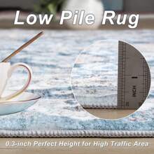 6x9 Washable Rugs For Living Room, Faux Wool Vintage Rug For Bedroom Dining Room, Low Pile Soft Boho Floor Covering Carpet Retro Distressed Medallion Mat Traditional Interiors, Blue & Beige