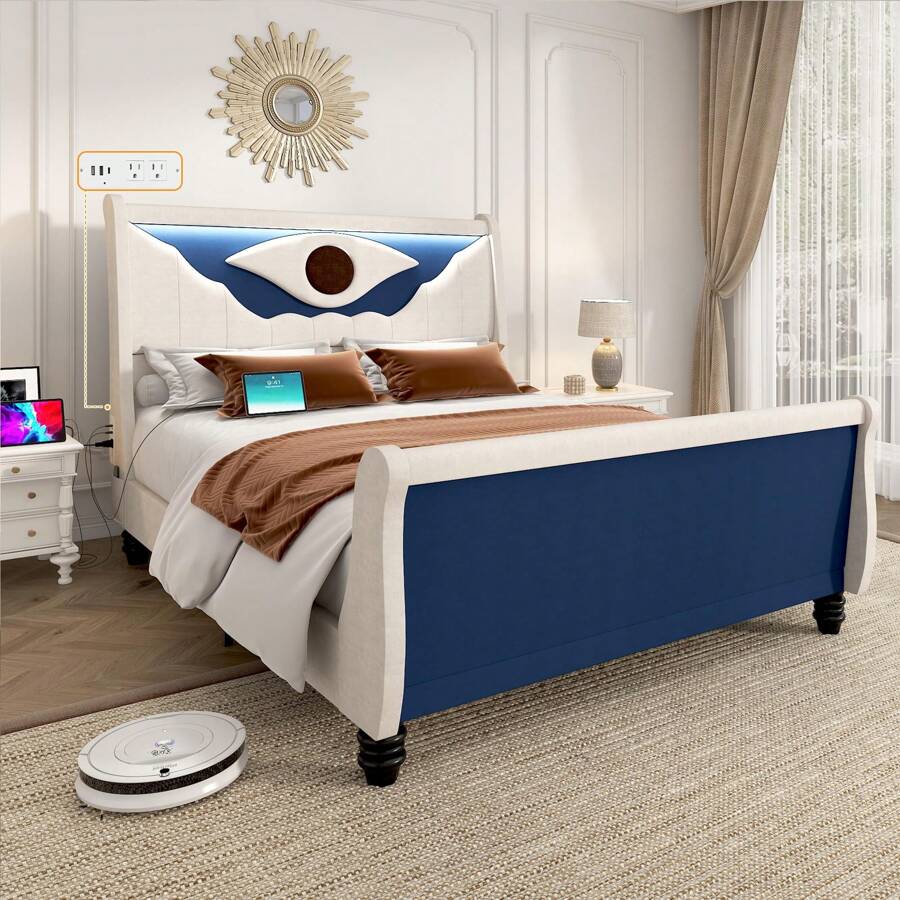 Wooden Queen Bed Frame With Charging Station Headboard Footboard, 52" Upholstered Sleigh Bed 12 Wood Slats Support,Wood Platform Bed Frame With Charging Station, LED Lights,No Box Spring Needed - US B Type Plug(110-127V) - View 1