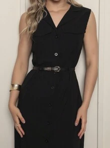 ONLYONE - ELEGANT WOMEN'S MIDI DRESS WITH V-NECK TANK TOP WITH POCKETS AND BELT MADE IN TACTEL TWILL - WOMEN'S DRESSES - 黑色 - 查看 3