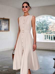 Sollinarry Women's Autumn New Simple Solid Color Sleeveless Waist Cinched Long Dress, Vintage Style, Suitable For Office Wear, Teacher Attire - Apricot - View 6