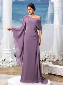 Faeriesty Mosy Elegant Applique Detail Sloping Neck Chiffon Formal Dress Evening Dress Mother Of The Bride Dress