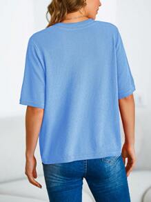 Women's Summer Button Down Shirts Casual Short Sleeve Crew Neck Ribbed Knit Blouse Top - 藍色 - 查看 3